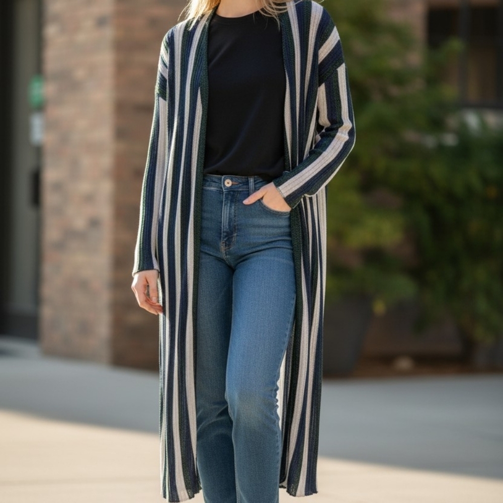 INC International Concepts Green and Blue Stripe Cardigan Open Front